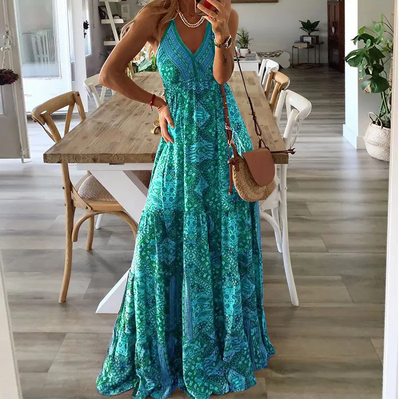 European And American New 2023 Bohemian Style New Strap Long Dress High Waist V-Neck Printed Fragmented Flower Dress Women's Wea