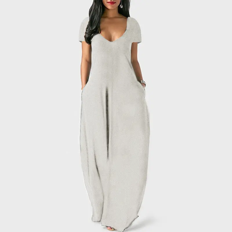 European and American summer cross-border foreign trade new plus size women's solid color dress sexy deep V short sleeved long s