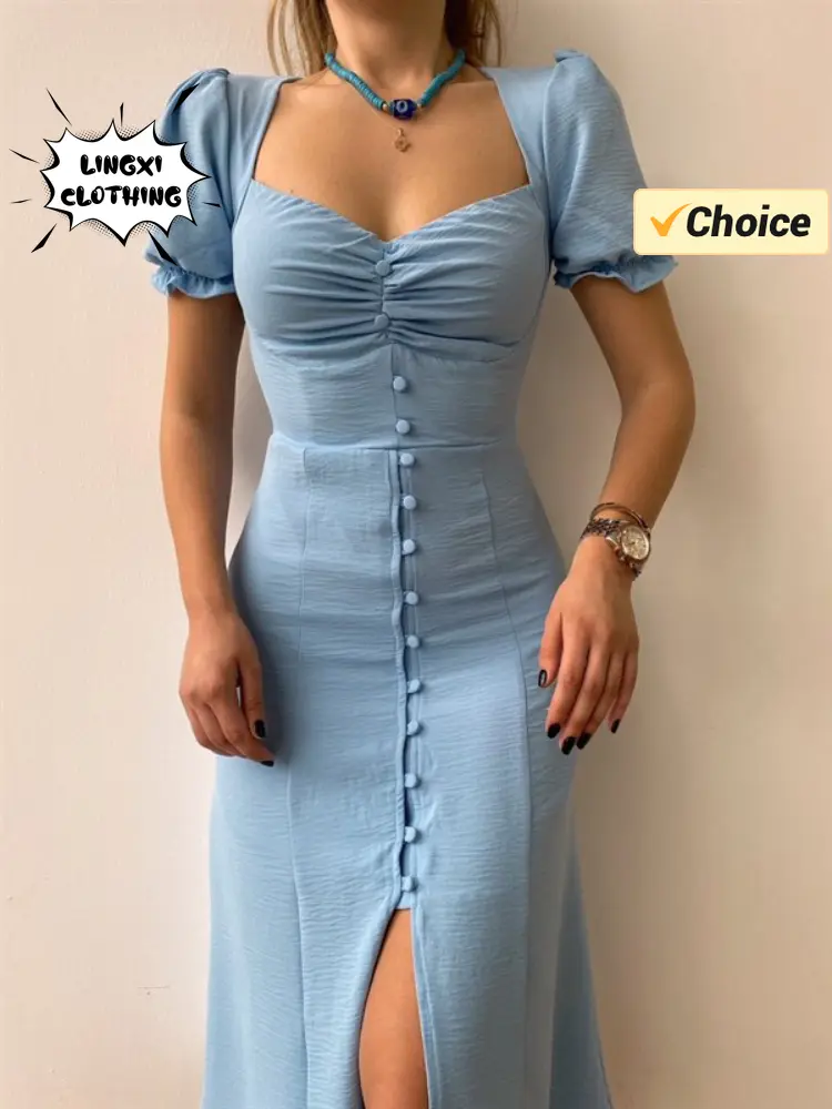 2024 Summer Fashion Summer Skirt Holiday Style Sexy Women's Dress V-neck Single Breasted Shrugged Mid Length Dress