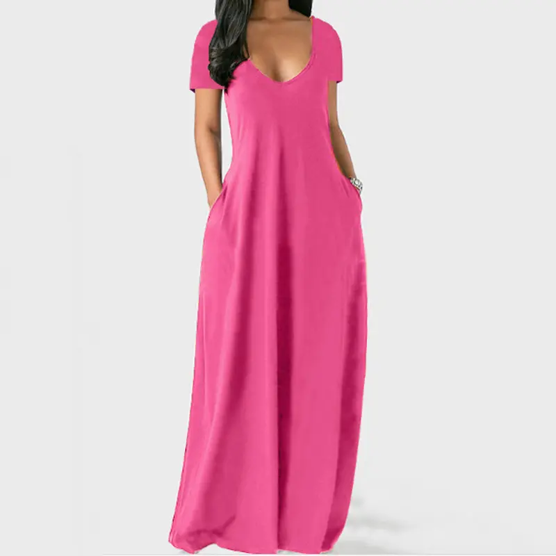 European and American summer cross-border foreign trade new plus size women's solid color dress sexy deep V short sleeved long s