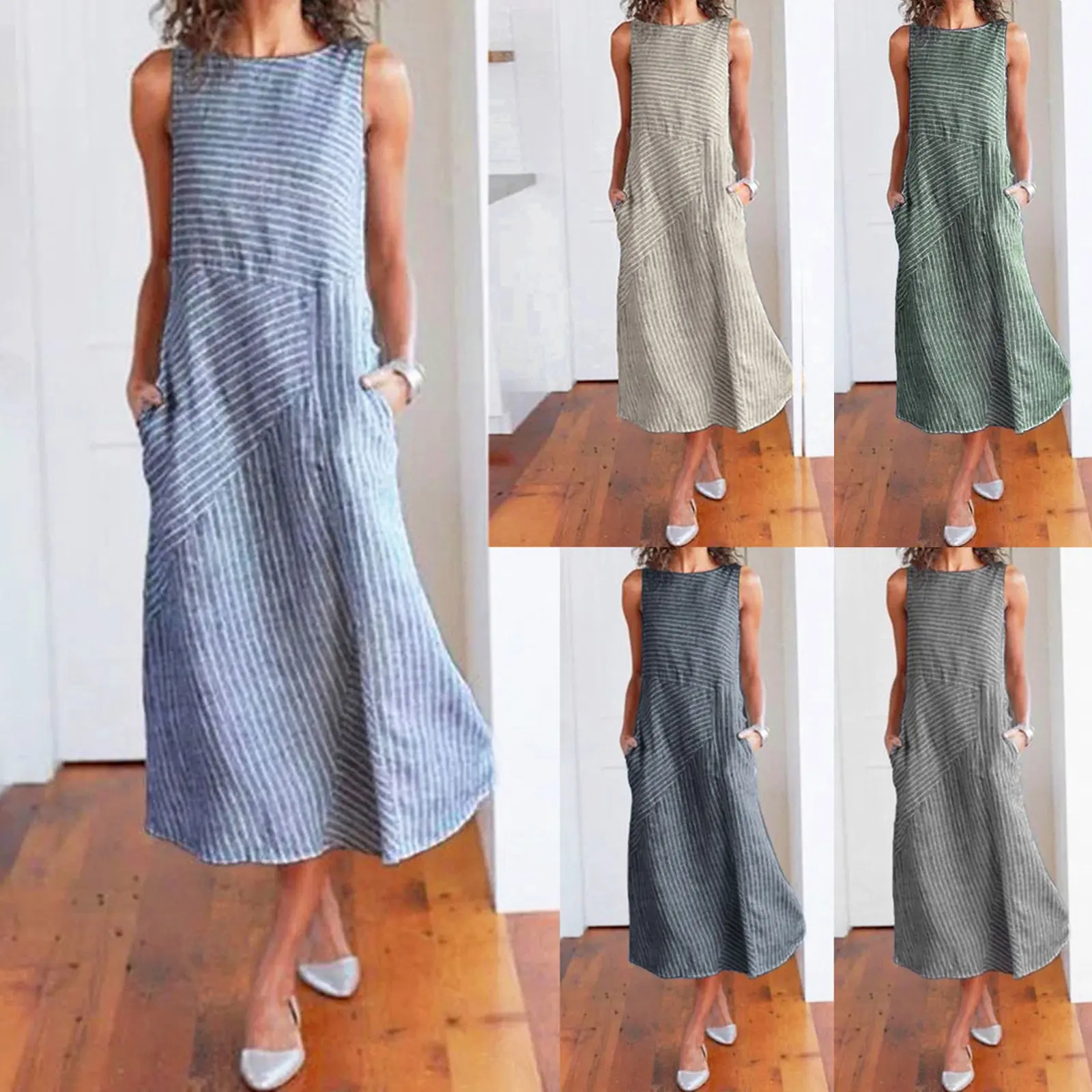 2024 Summer Striped Printed Midi Dress Fashion Holiday Elegant Sleeveless Dresses Casual Loose Comfortable Pocket Long Dress