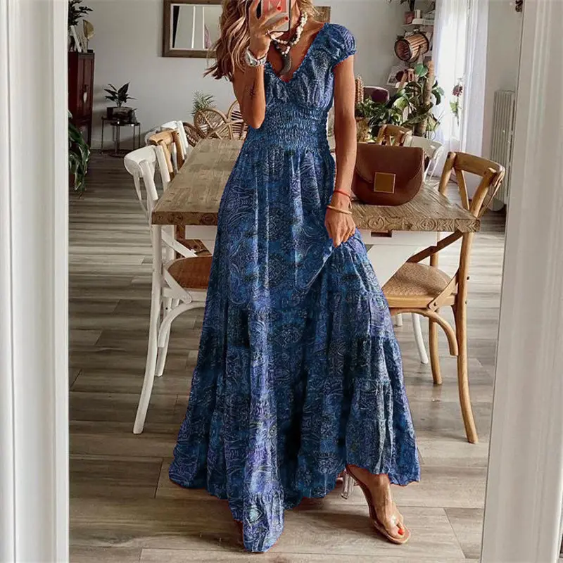 New West Asian style retro jumpsuit long skirt with waist cinching floral print and large swing dress