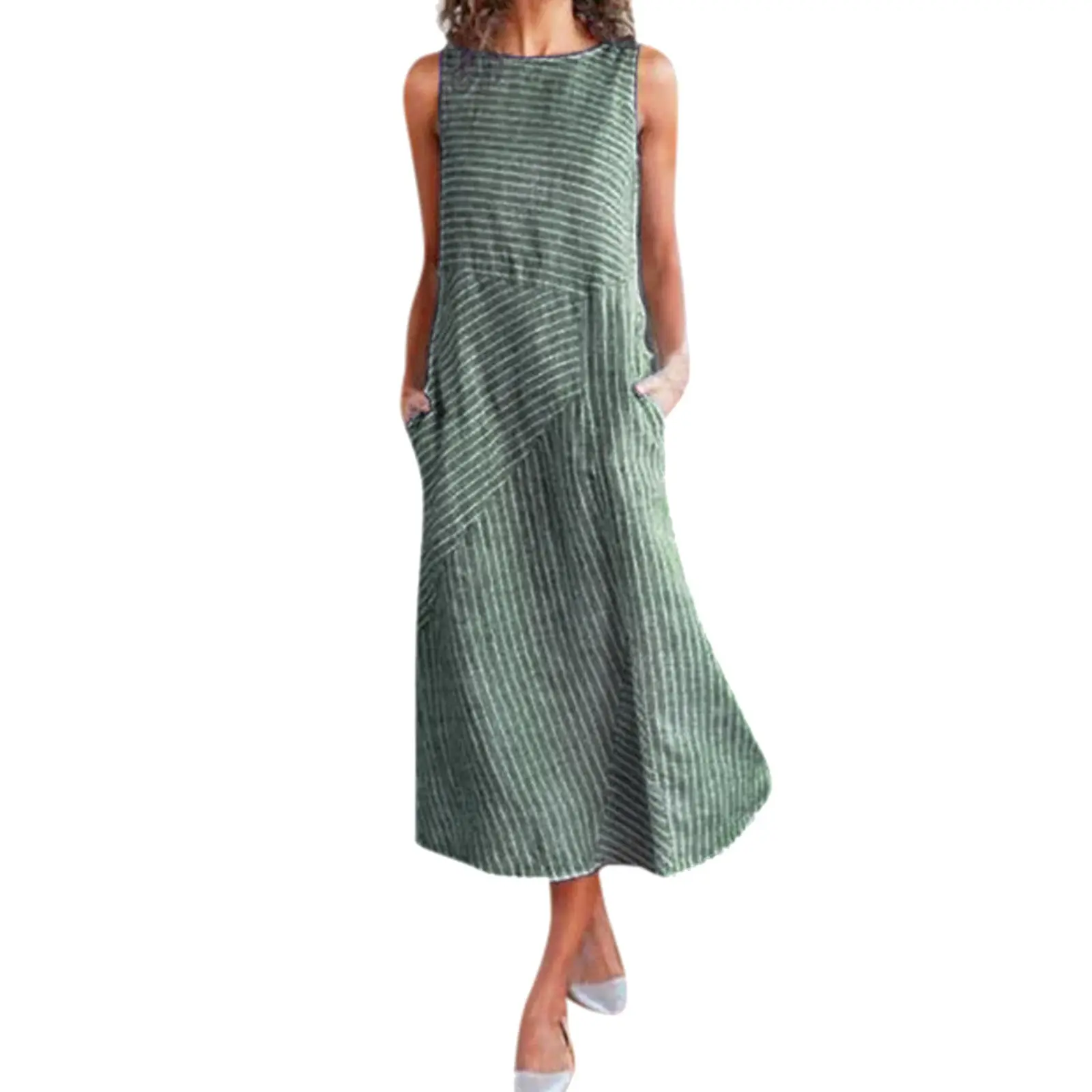 2024 Summer Striped Printed Midi Dress Fashion Holiday Elegant Sleeveless Dresses Casual Loose Comfortable Pocket Long Dress