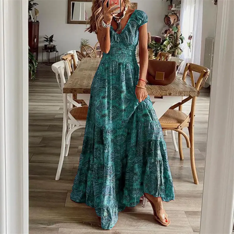 New West Asian style retro jumpsuit long skirt with waist cinching floral print and large swing dress