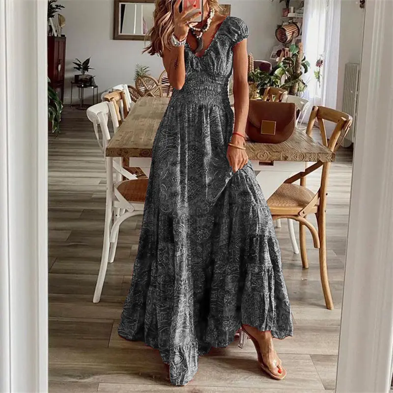 New West Asian style retro jumpsuit long skirt with waist cinching floral print and large swing dress