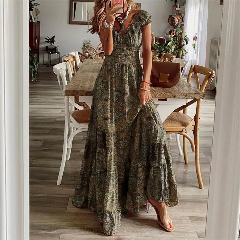 New West Asian style retro jumpsuit long skirt with waist cinching floral print and large swing dress