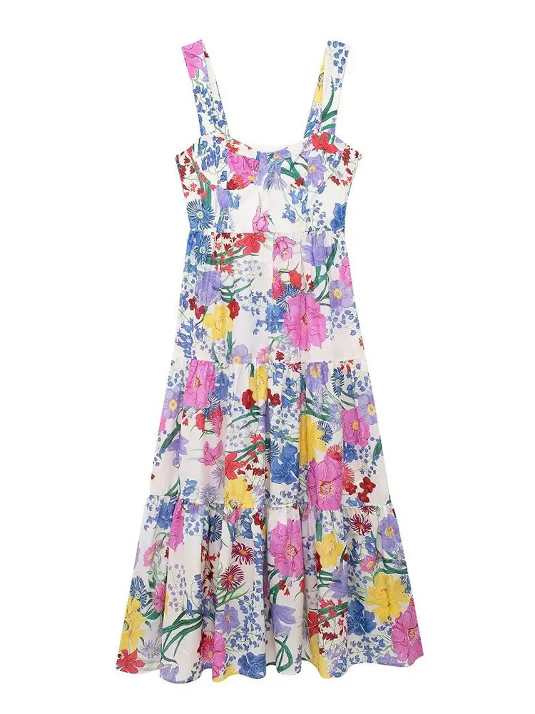 TRAF Women's A-line Sexy Sleeveless Halter Dress Temperament Elegant Floral Print Party Holiday Long Dress Summer New Women's