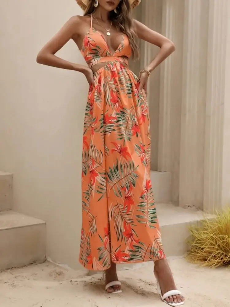 2024 Summer Fashion New Women's Elegant Printed Bohemian Sexy Beach Style Bareback Bow Split Party Women's Dress