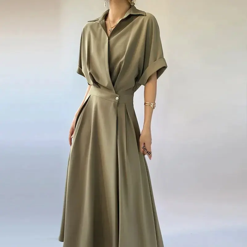 French Style Shirt Dress Women Summer Fashion High-End Long Skirt Slimming Elegant Ladylike Quality Material from Mainland China