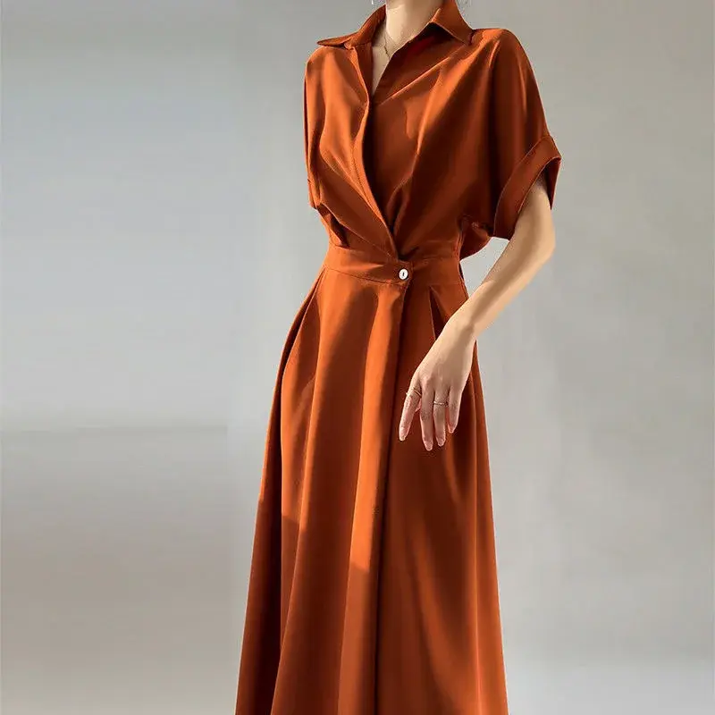 French Style Shirt Dress Women Summer Fashion High-End Long Skirt Slimming Elegant Ladylike Quality Material from Mainland China
