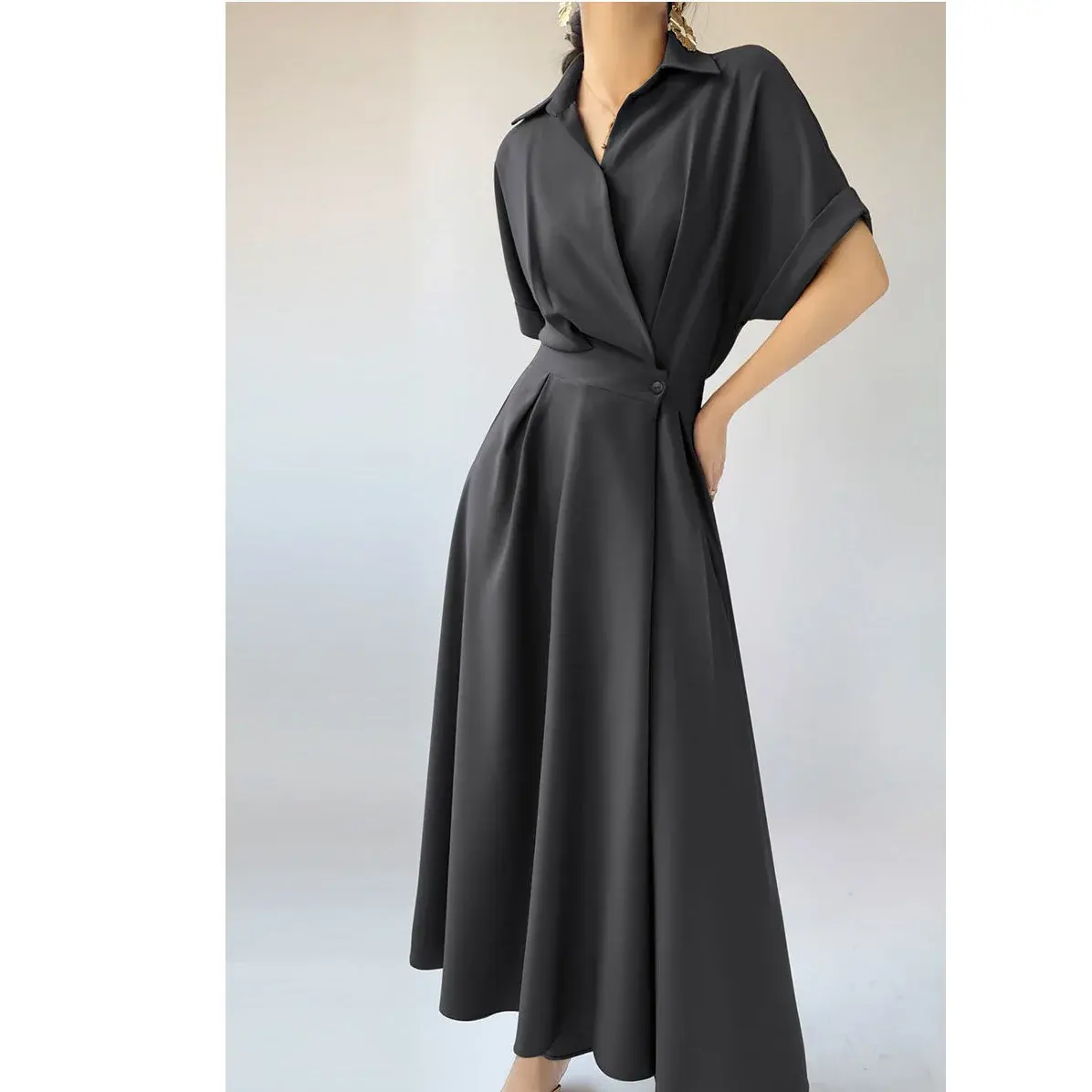 French Style Shirt Dress Women Summer Fashion High-End Long Skirt Slimming Elegant Ladylike Quality Material from Mainland China