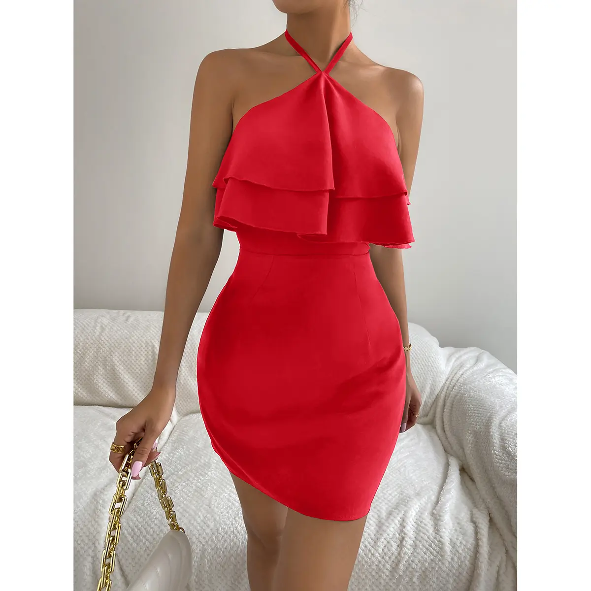 Summer Women's Hanging Neck Exposed Backpack Hip Skirt Fashionable Sexy Ruffled Edge Dress