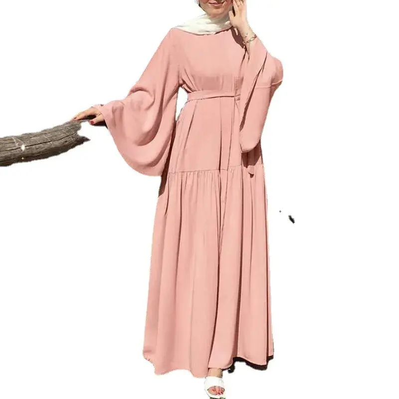 2022 Amazon Best Selling Pure Color Round Neck Long Dress With Belt Fashionable Casual Spring Autumn Dress For Women