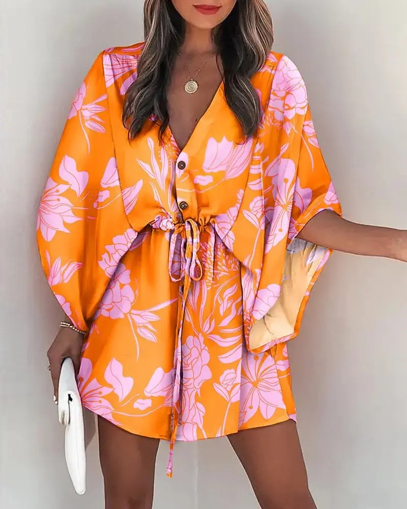 Summer Dress For Women 2024 New Floral Print Bat Half-Sleeve V-Neck Ruffle Irregular Hem Female Dress Casual Boho Women Clothes