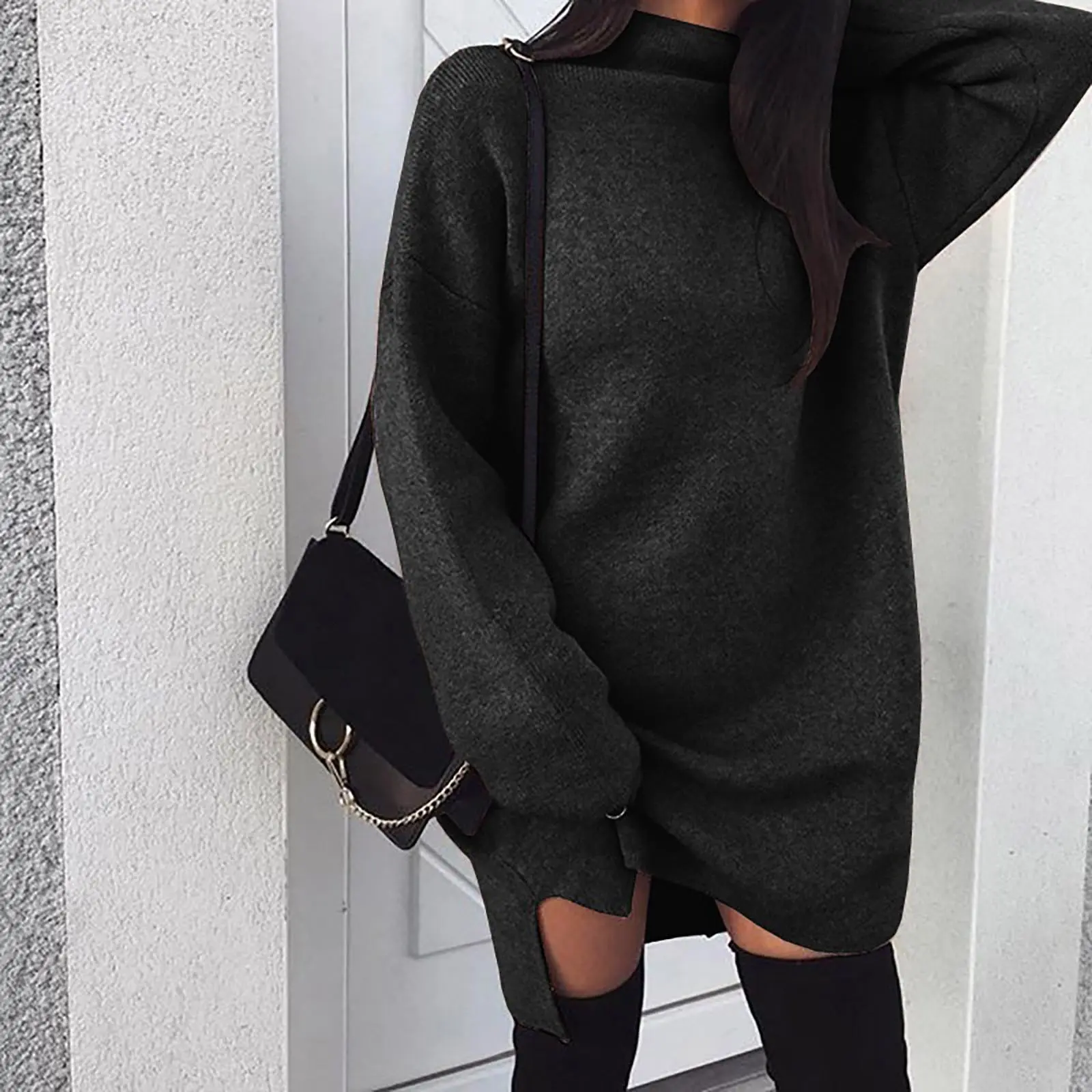 2024 Women Casual Turtleneck Long Sleeve Sexy Mini Dress Solid Color Loose Evening Party Dresses Elegant Glamorous Daily Costume