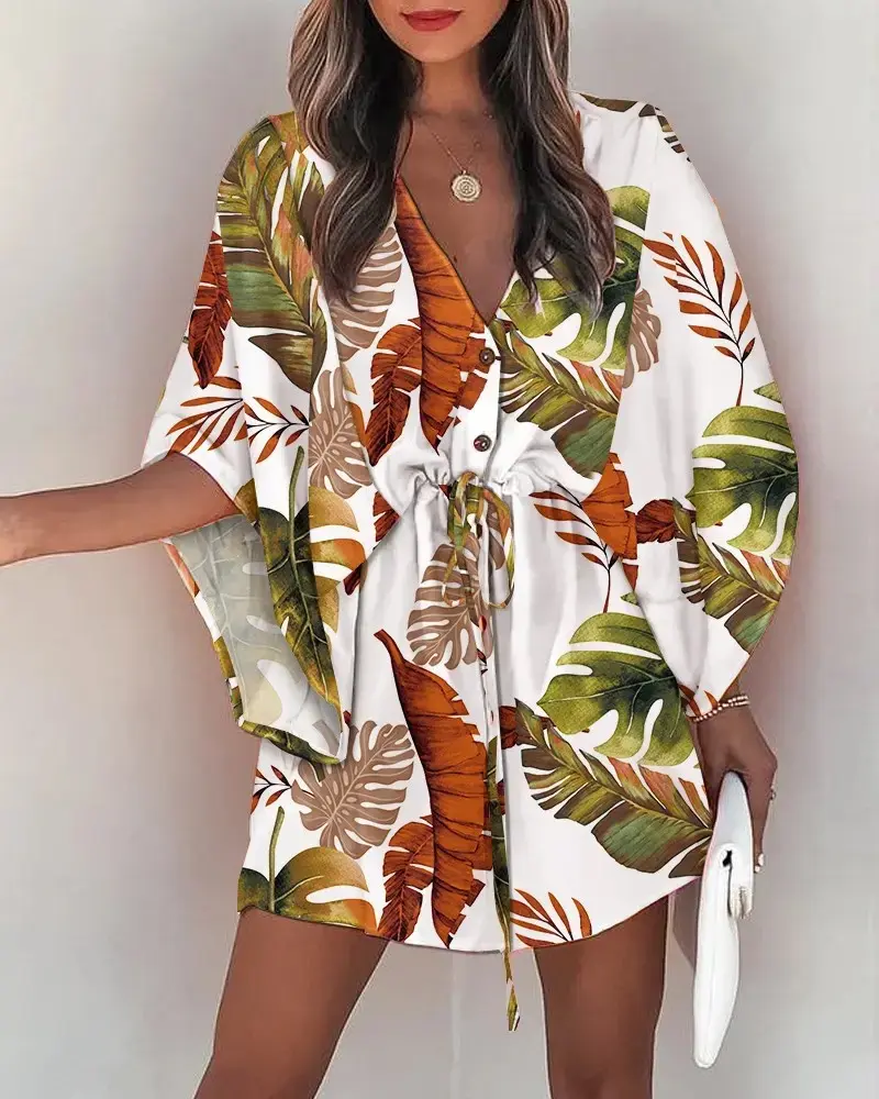 Summer Dress For Women 2024 New Floral Print Bat Half-Sleeve V-Neck Ruffle Irregular Hem Female Dress Casual Boho Women Clothes