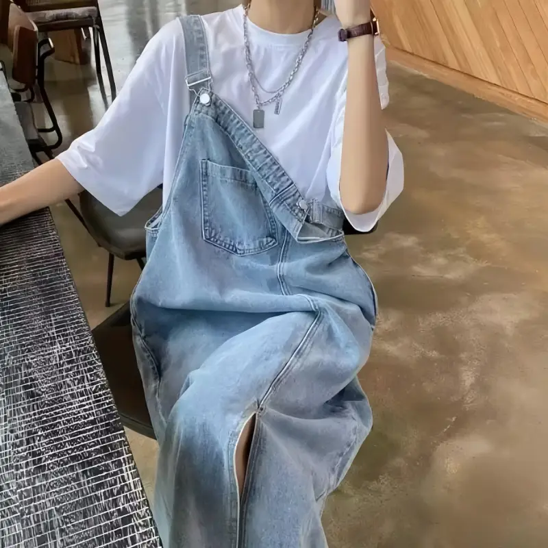 Denim strap skirt retro loose denim strap dress large size women's skirt, irregular gap long summer dress women's sleeveless