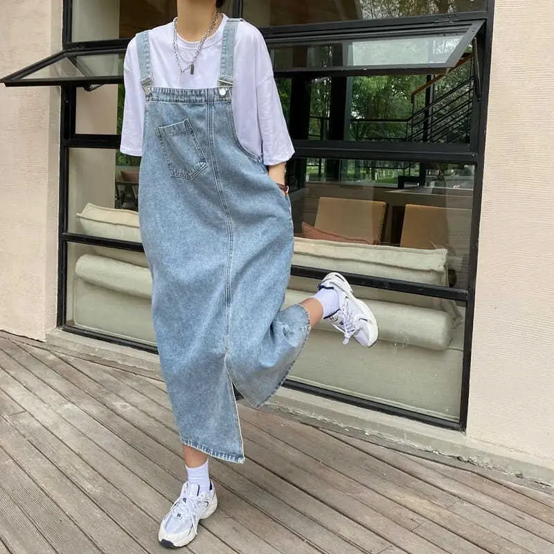 Denim strap skirt retro loose denim strap dress large size women's skirt, irregular gap long summer dress women's sleeveless