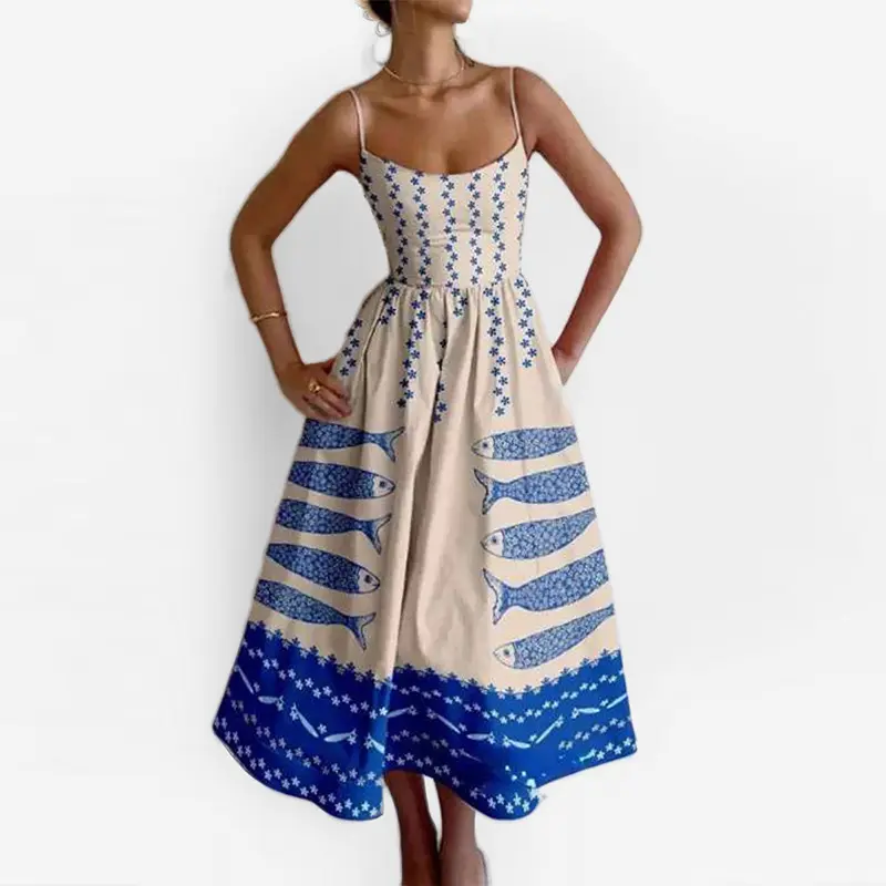 VEITCHE Fashion Women Print Suspenders Blue Ocean Fish Pattern Sexy Long dress 2025 New Spring Summer Temperament Maxi Dresses