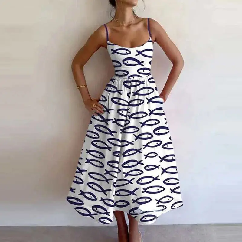 VEITCHE Fashion Women Print Suspenders Blue Ocean Fish Pattern Sexy Long dress 2025 New Spring Summer Temperament Maxi Dresses