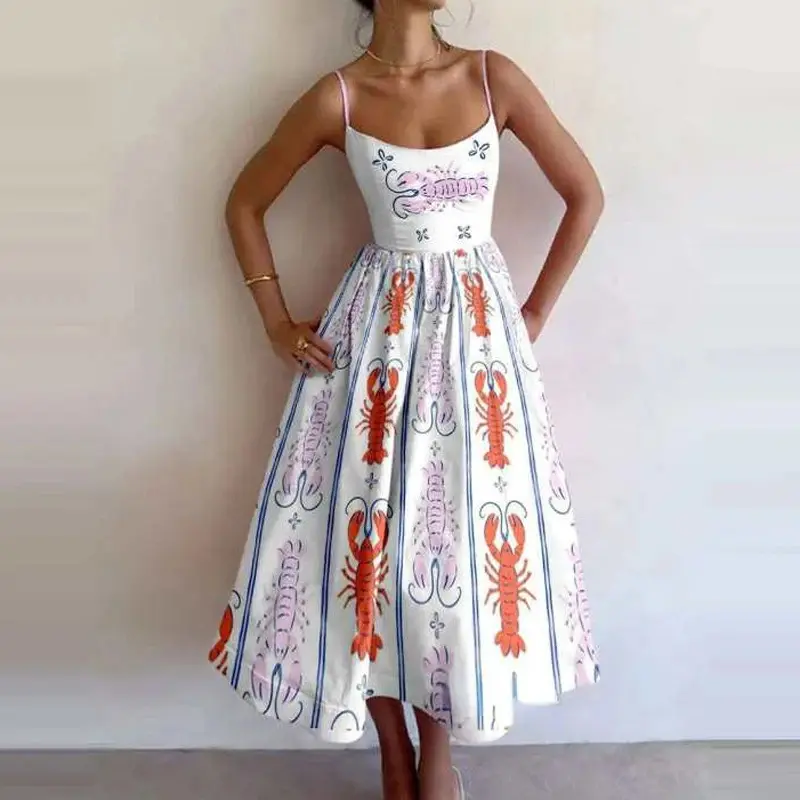 VEITCHE Fashion Women Print Suspenders Blue Ocean Fish Pattern Sexy Long dress 2025 New Spring Summer Temperament Maxi Dresses