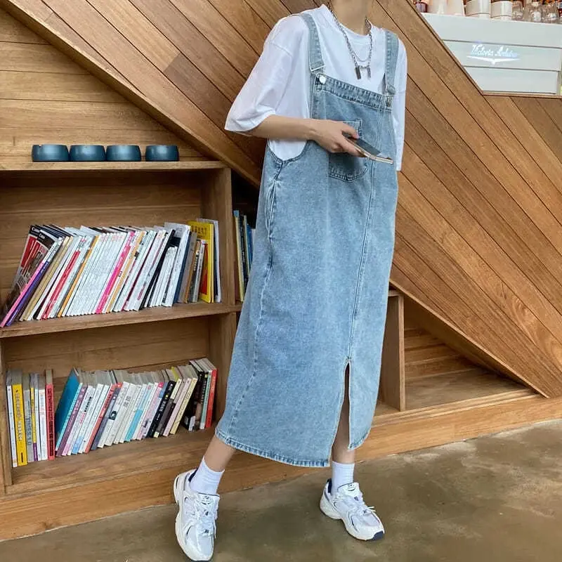 Denim strap skirt retro loose denim strap dress large size women's skirt, irregular gap long summer dress women's sleeveless