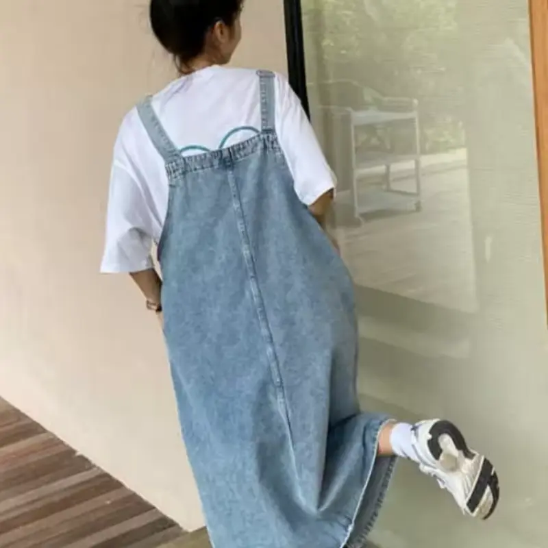 Denim strap skirt retro loose denim strap dress large size women's skirt, irregular gap long summer dress women's sleeveless