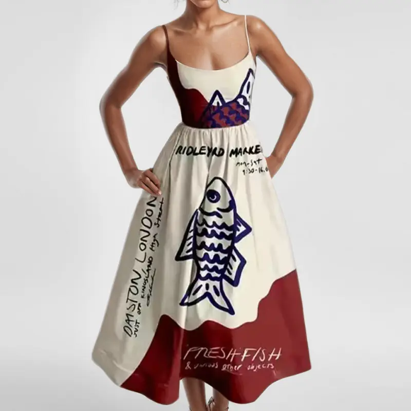 VEITCHE Fashion Women Print Suspenders Blue Ocean Fish Pattern Sexy Long dress 2025 New Spring Summer Temperament Maxi Dresses