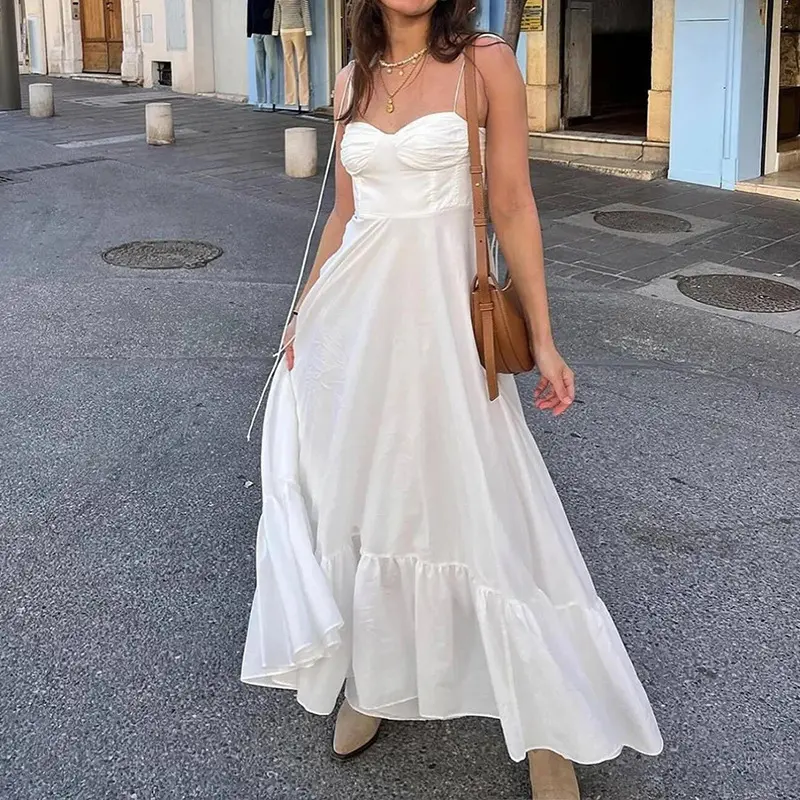 VEITCHE Summer Elegant Women White Long Dresses Evening Party Butterfly Midi Dress Ladies Fashion Pleated Slip Dress Vestidos