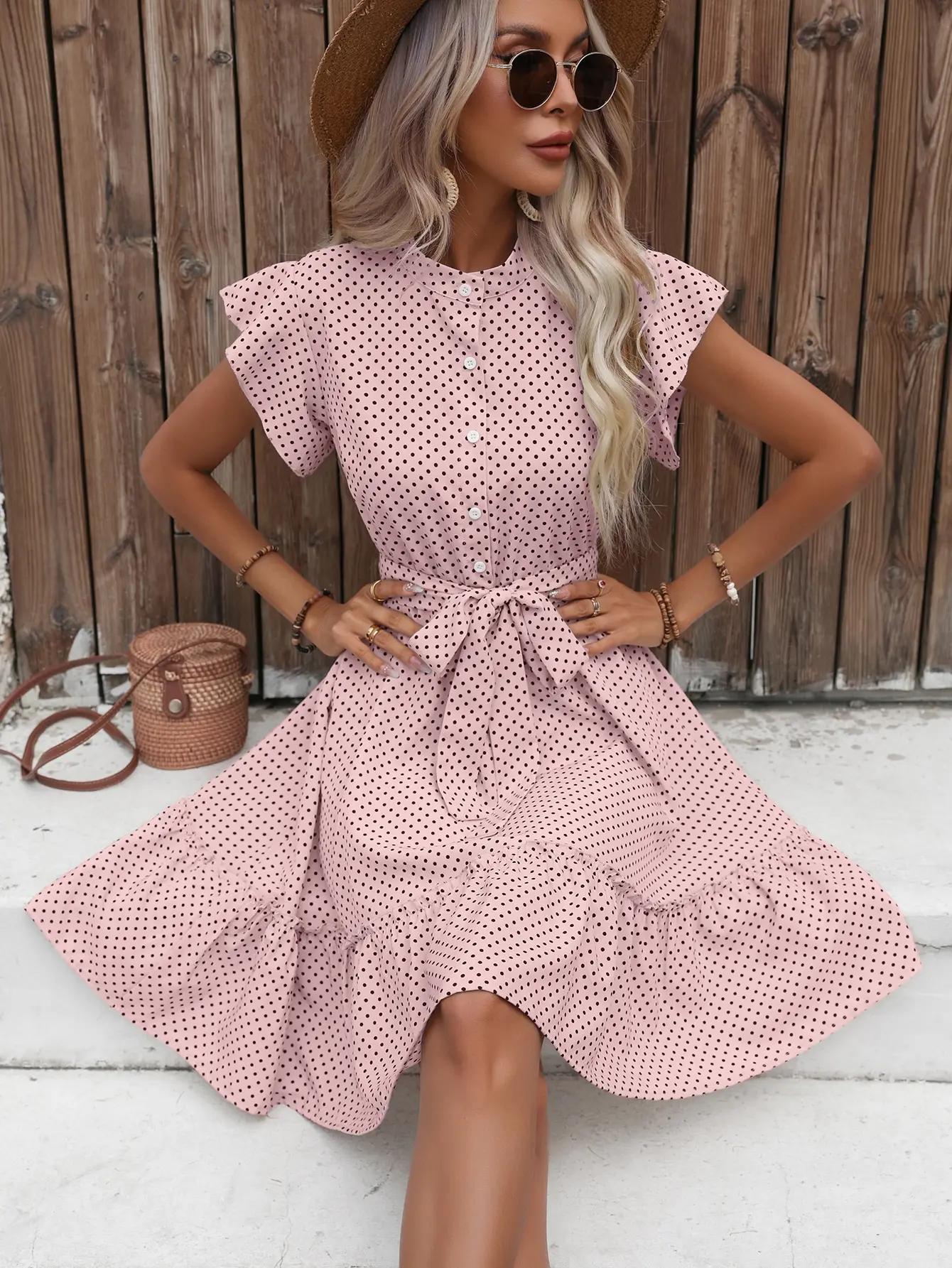 European and American women's polka dot printed butterfly sleeves with ruffled edges and wide pine hem waistband dress