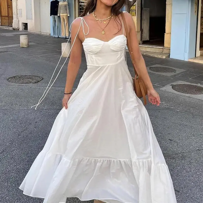 VEITCHE Summer Elegant Women White Long Dresses Evening Party Butterfly Midi Dress Ladies Fashion Pleated Slip Dress Vestidos