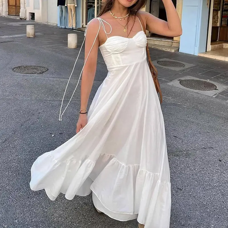 VEITCHE Summer Elegant Women White Long Dresses Evening Party Butterfly Midi Dress Ladies Fashion Pleated Slip Dress Vestidos