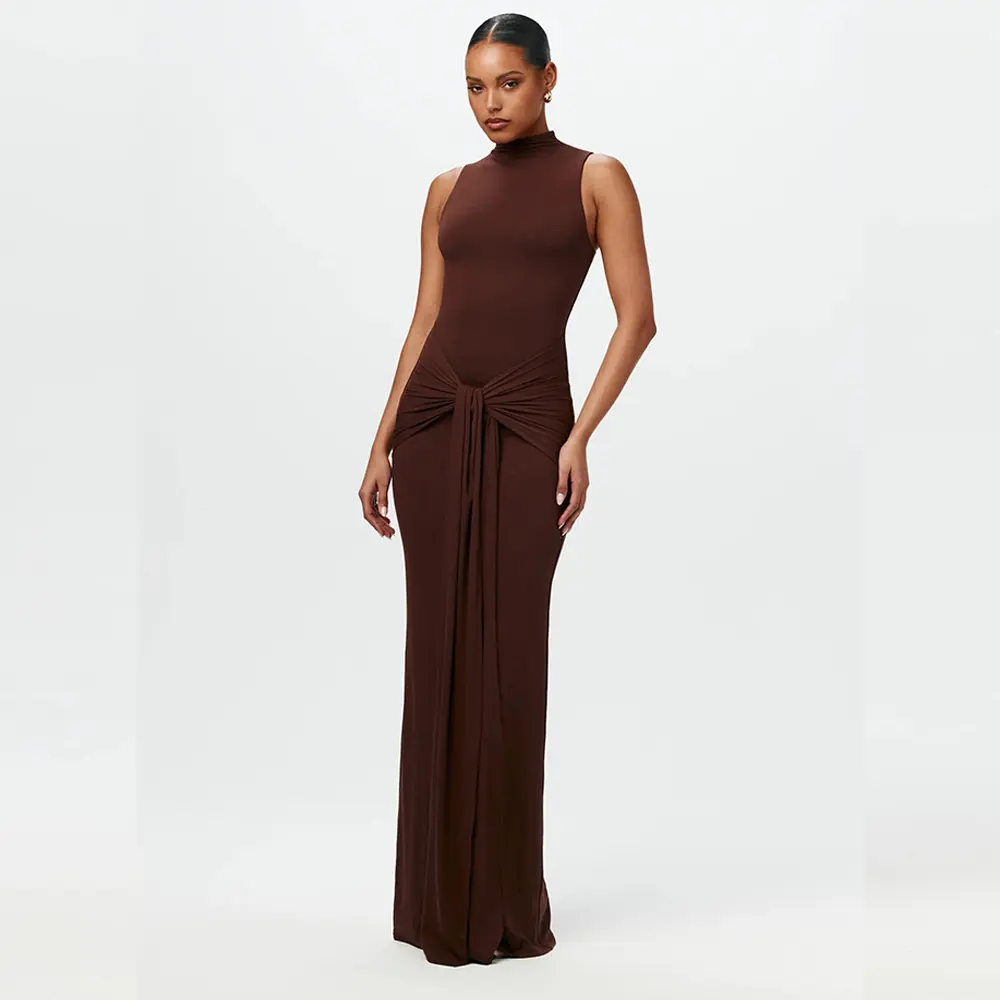 VEITCHE Summer Women Half High Collar Irregular Tank Bodycon Party Dress Fashion Sleeveless Bodycon Ruched Sexy Long Dress