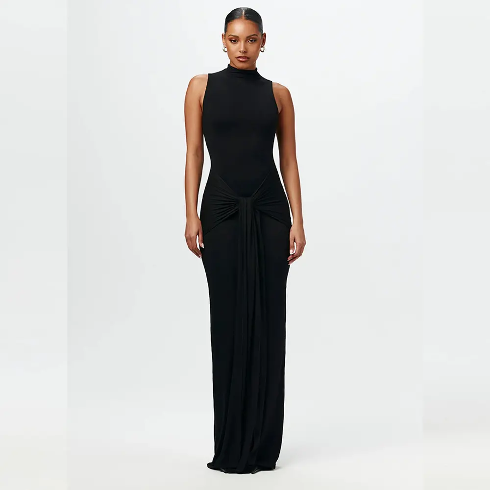 VEITCHE Summer Women Half High Collar Irregular Tank Bodycon Party Dress Fashion Sleeveless Bodycon Ruched Sexy Long Dress