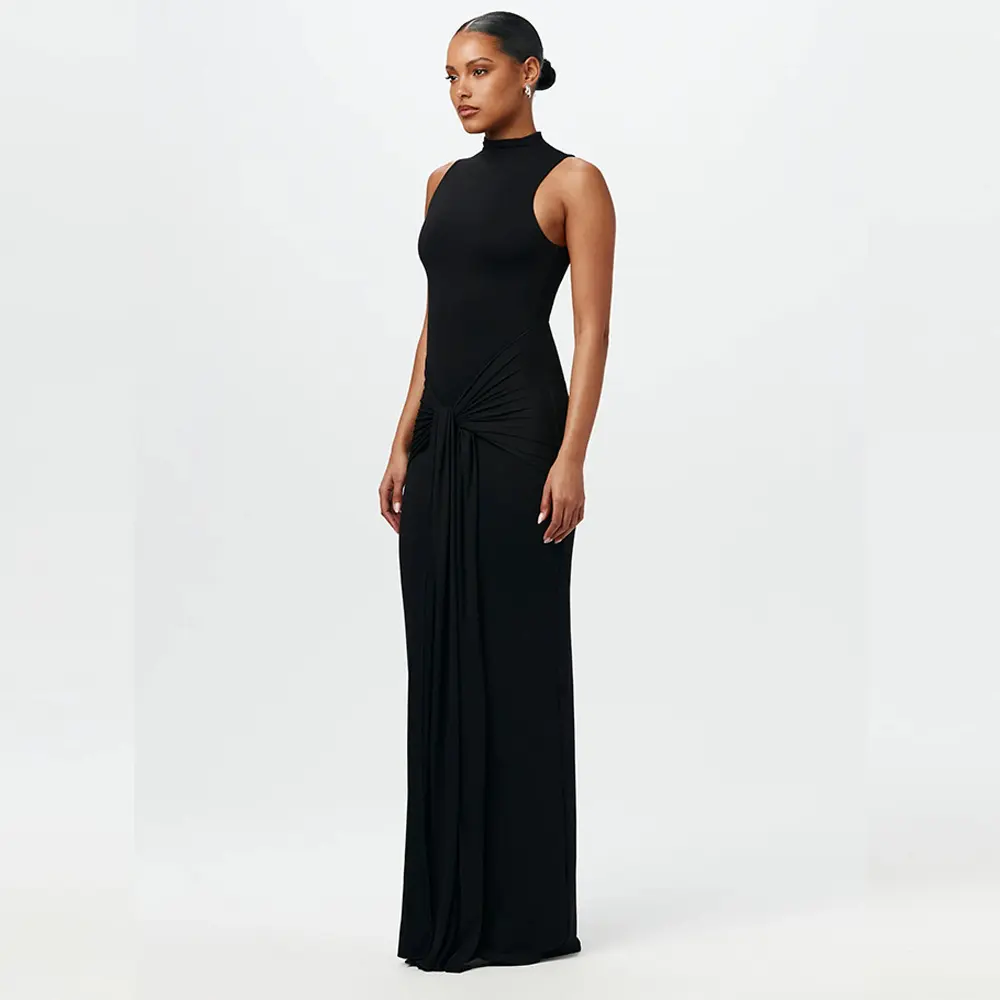 VEITCHE Summer Women Half High Collar Irregular Tank Bodycon Party Dress Fashion Sleeveless Bodycon Ruched Sexy Long Dress