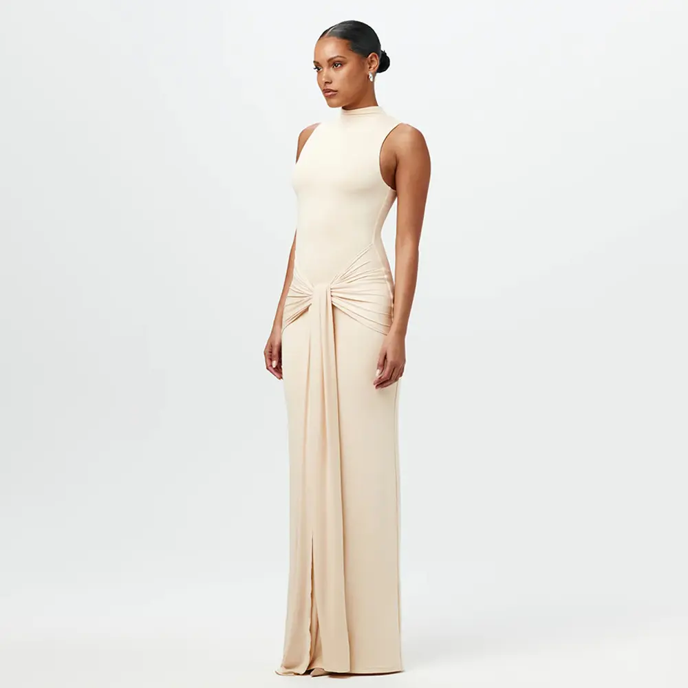 VEITCHE Summer Women Half High Collar Irregular Tank Bodycon Party Dress Fashion Sleeveless Bodycon Ruched Sexy Long Dress