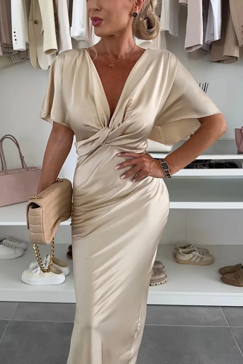 VEITCHE Sexy Satin Summer Dress Elegant Deep V Collar Bat Short Sleeve Party Dress Women Temperament Slim Fit Solid Long Dress