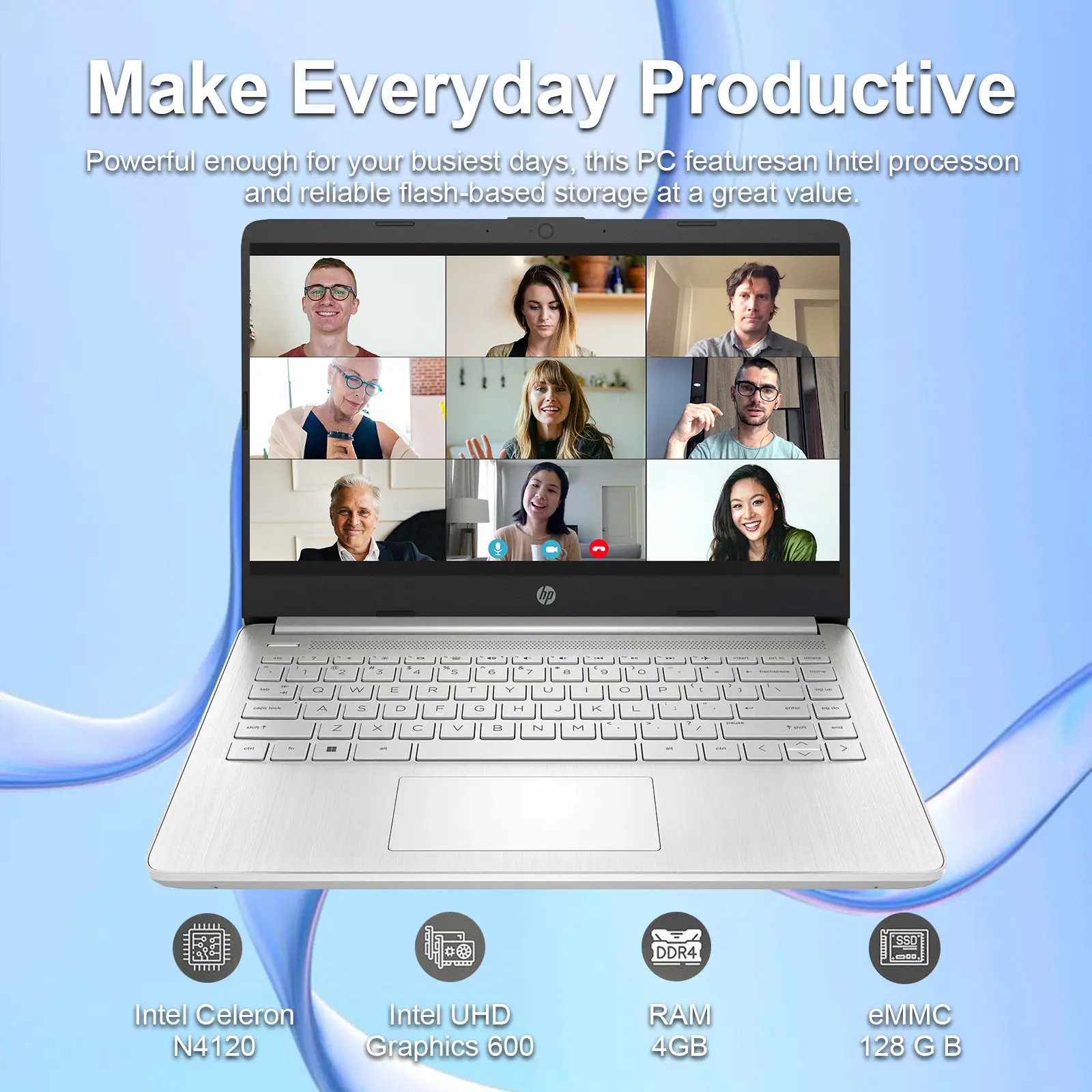 HP 14" Sutdent Laptop, Up to 16GB RAM, Up to 384GB Storage, Intel Celeron N4120, HD Webcam, 1-Year Office 365, Win 11 H, Silver