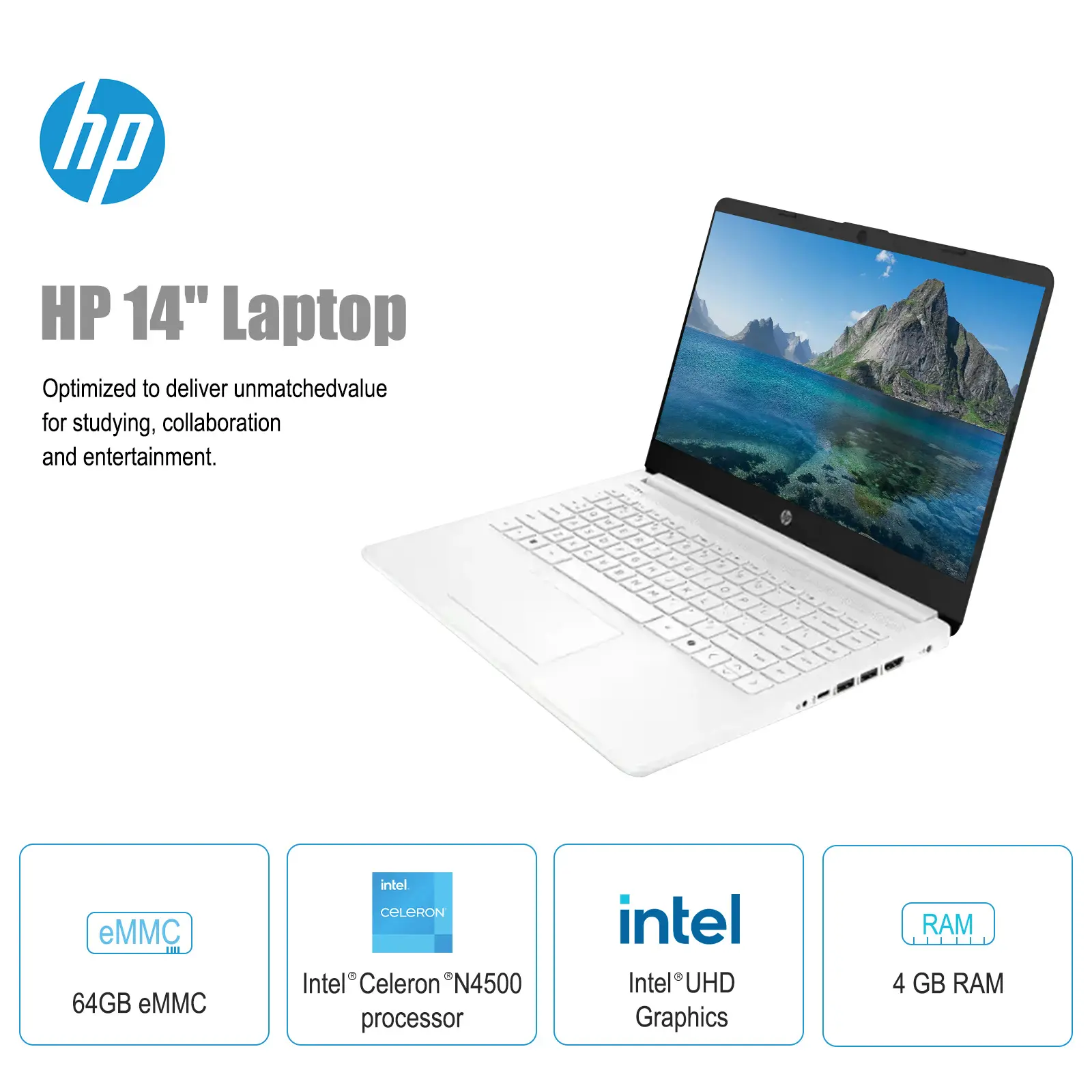 HP 14" Student Laptop, Intel Celeron N4500, Up to 16G RAM, Up to 320GB Storage, 1 Year Office 365, Windows 11 Pro