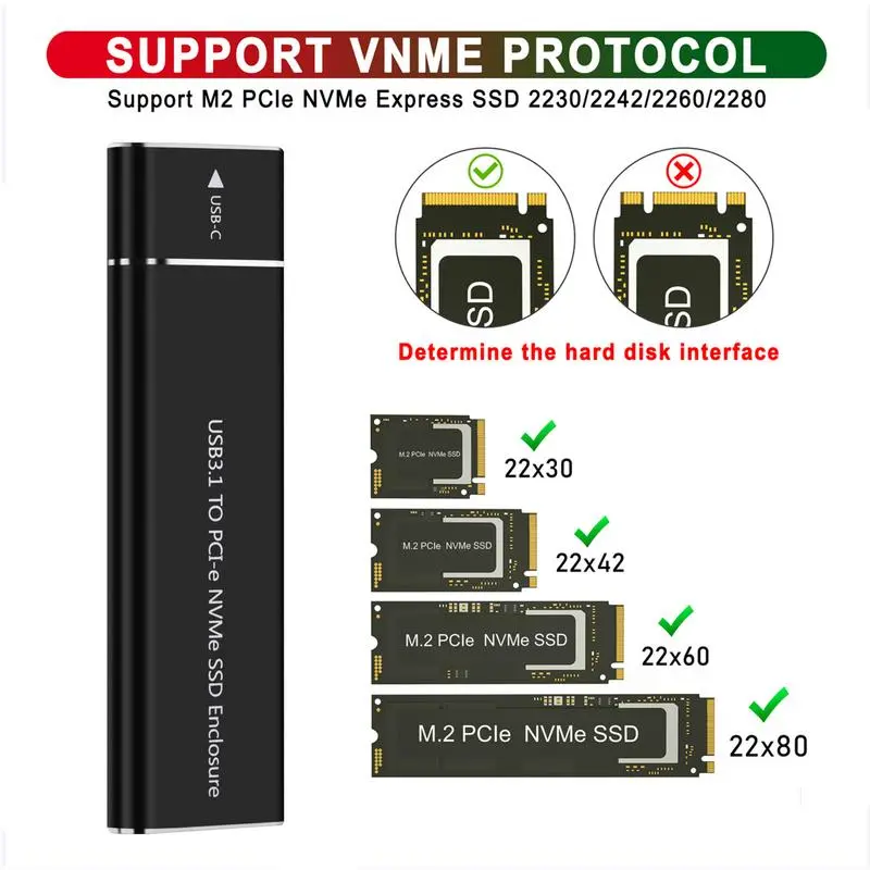 NVMe M2 SSD Enclosure External Case SSD NVME Enclosure PCIE 10Gbps USB 3.1 Gen2 USB C Adapter Aluminum Box M.2 NVMe SSD Case