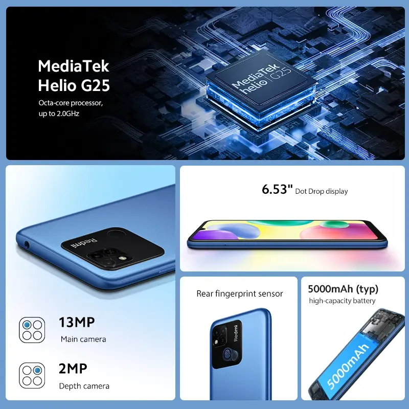 5000mAh Original Xiaomi Redmi 10A Smartphone 6.53' HD Display Helio G25 Octa Core 13MP Fingerprint  4G Used phone