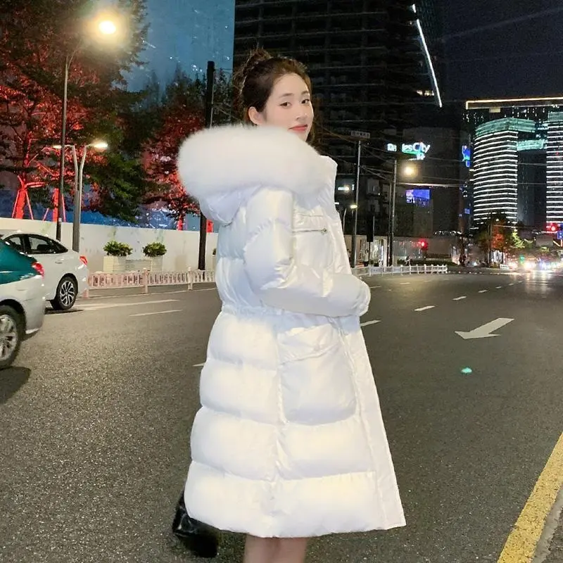 Winter Clothes Bright Face Wash in Down Jacket Women Winter Long Waist Slimming Hooded Fur Collar with Stylish Warm Coat Women