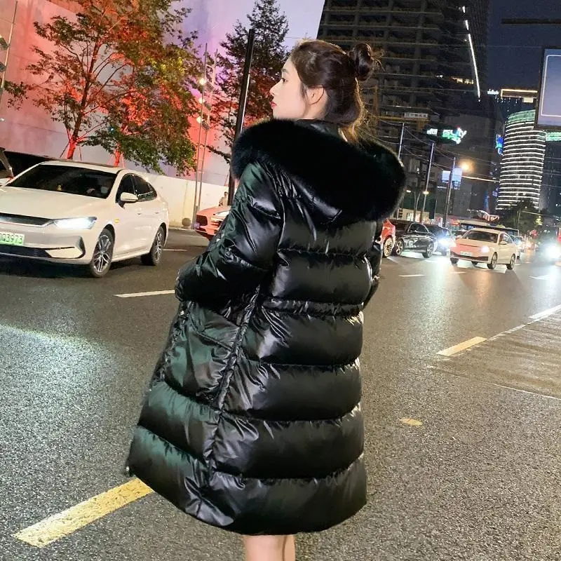 Winter Clothes Bright Face Wash in Down Jacket Women Winter Long Waist Slimming Hooded Fur Collar with Stylish Warm Coat Women