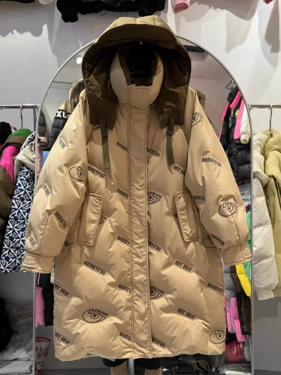 Winter Long White Duck Down Hooded Cotton Down Jackets New Thickened Warm Cotton Coat Fashion Loose Long Sleeves Parkas Jacket