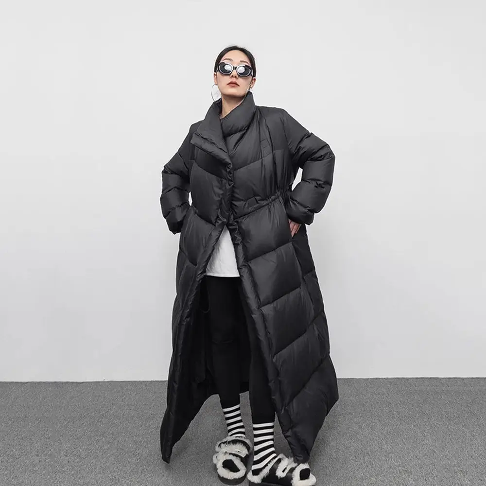 Winter Large Lapel Long Down Jacket Overcoat Women 90 White Duck Down Loose Knee Length Bread Cotton Quilt Jacket Warm Down Coat