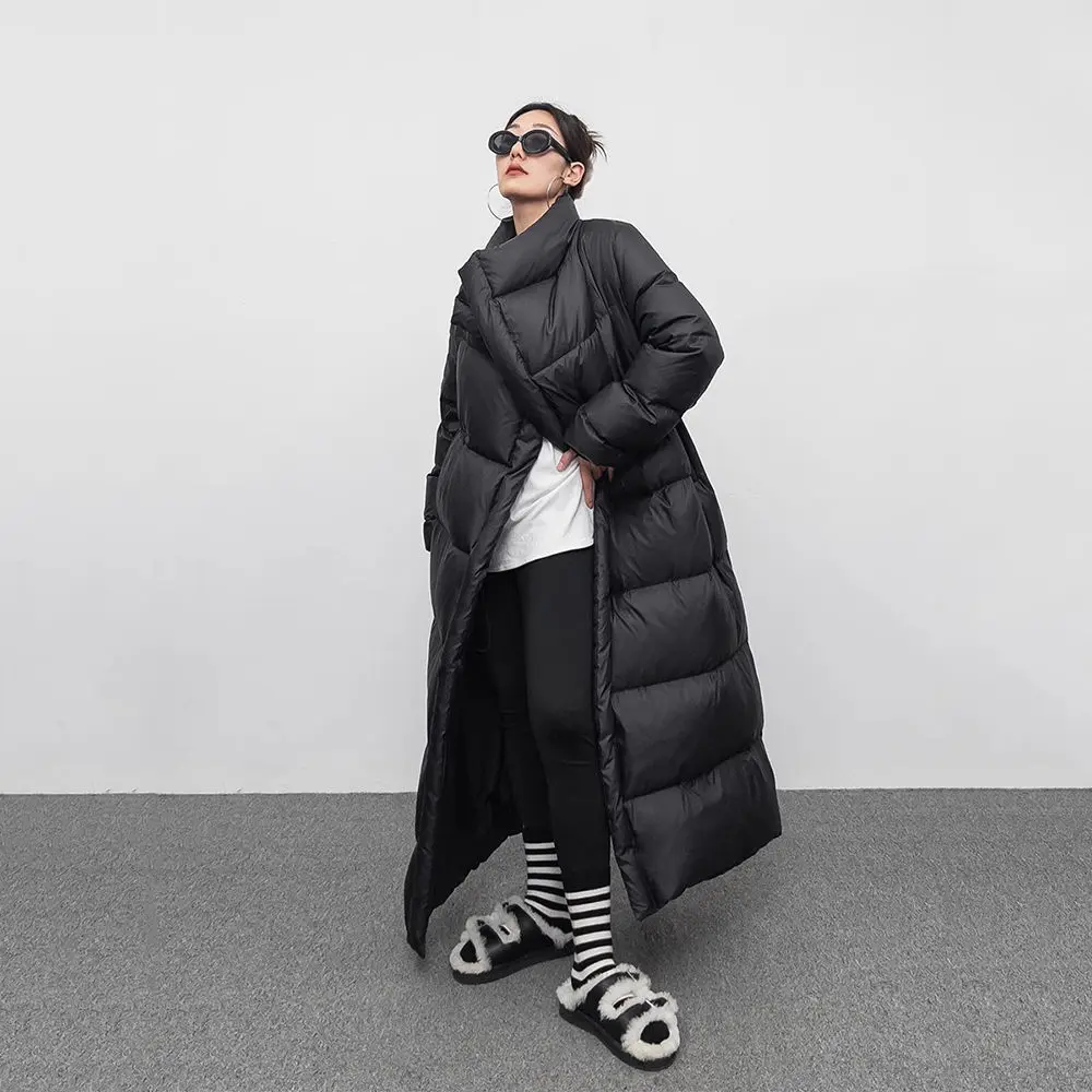 Winter Large Lapel Long Down Jacket Overcoat Women 90 White Duck Down Loose Knee Length Bread Cotton Quilt Jacket Warm Down Coat