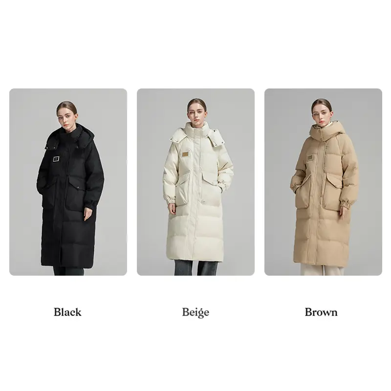 CLARKE QUEEN Long Down Jacket for Women Winter Duck Down Coat Hooded Over-the-Knee Casual Thickened Fitted Padded Puffer Coat