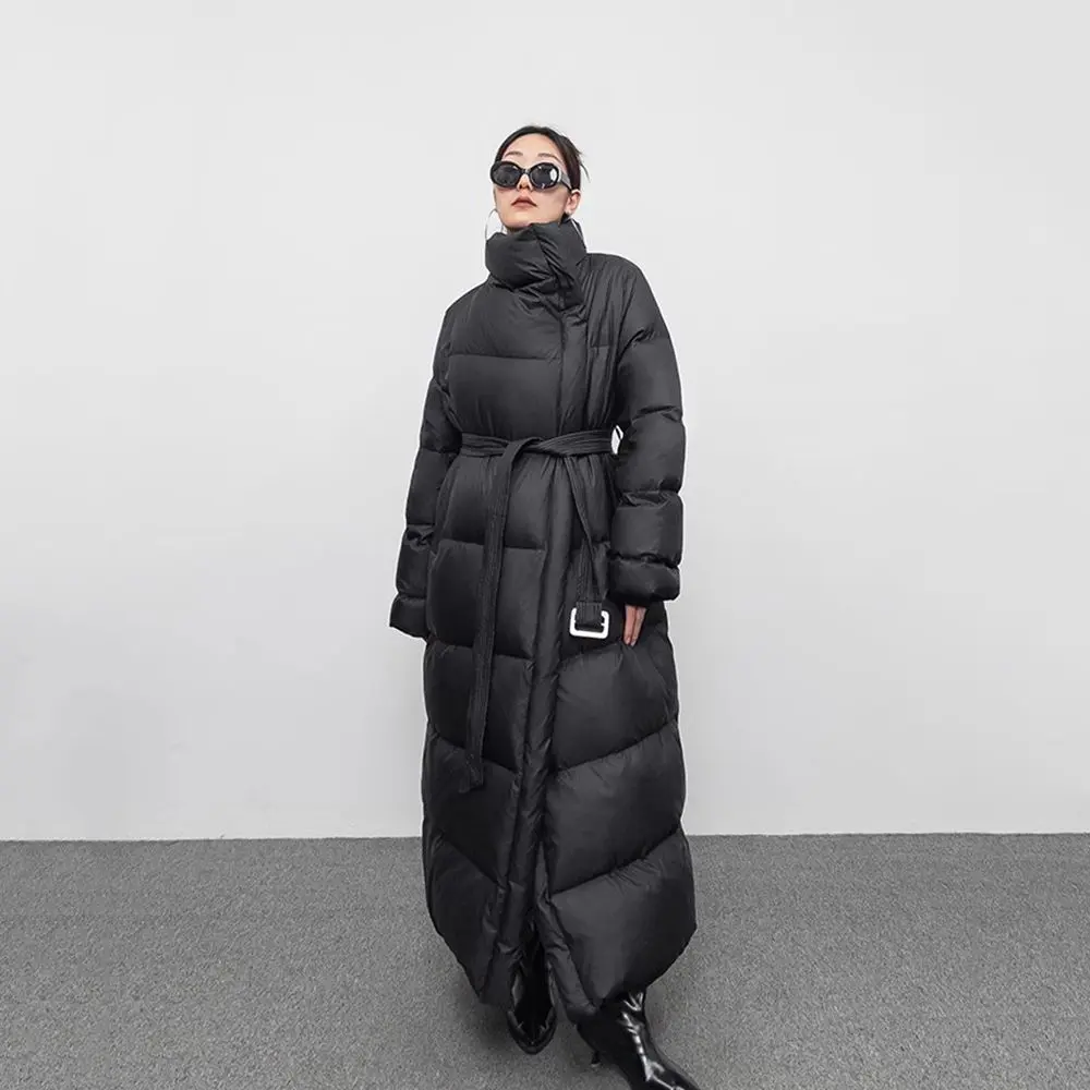 Winter Large Lapel Long Down Jacket Overcoat Women 90 White Duck Down Loose Knee Length Bread Cotton Quilt Jacket Warm Down Coat