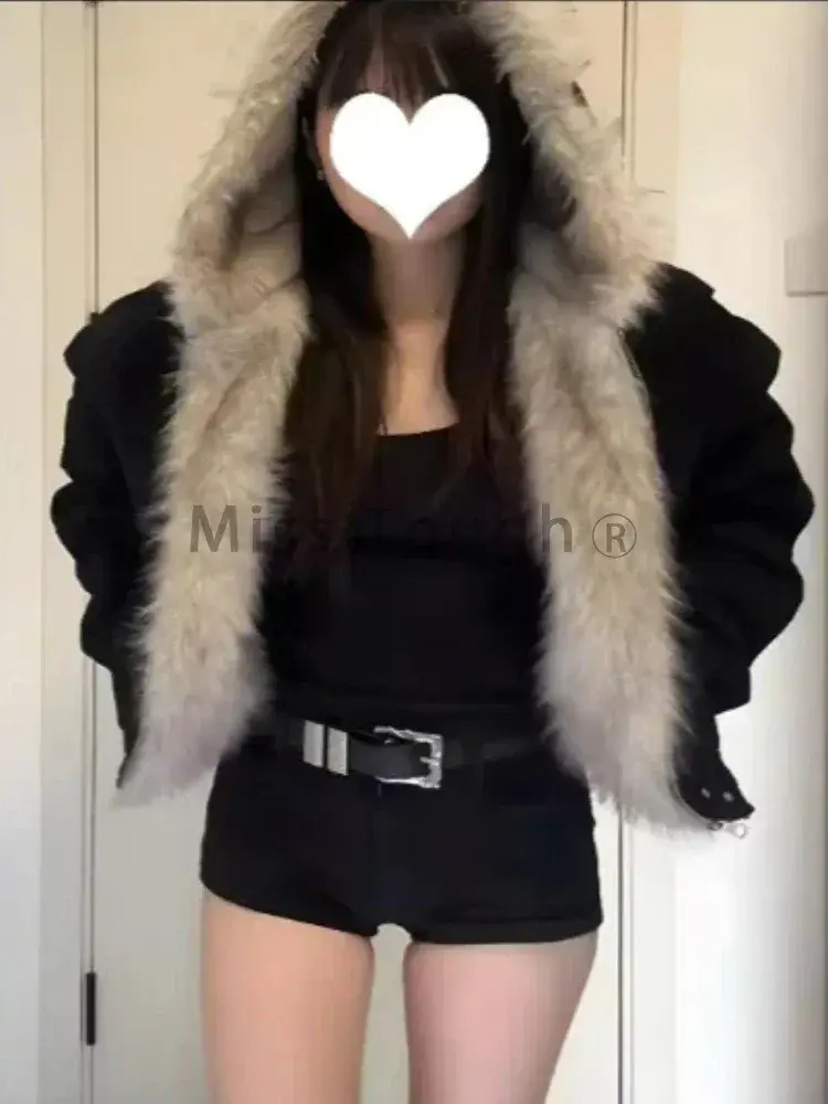 Winter New Elegant Liner Fur Loose Coat Women Y2k Fur Collar Hood Thick Fashion Parkas Casual Outerwear Cotton Padded Jackets
