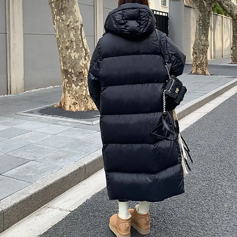 HELIAR Women Mock Neck PU Down Coat Zipper Thicken Long Coat Oversize Loose Hooded Down Coat Women Casual Parkas Autumn Winter